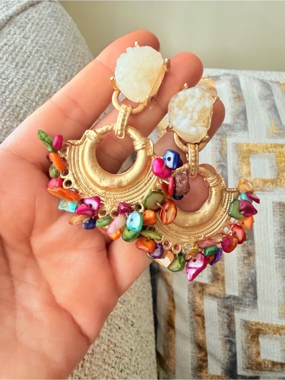 Bohemian Vintage Handmade Hanging Colorful Stone Dangle Metal Drop Earrings